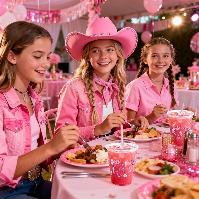 100 Pcs Pink Cowgirl Plastic Cups,16 oz Disco Western Cowgirl Clear Disposable Plastic Cups Drinking Cups for Cowgirl Birthday Baby Shower Lets Go Girls Party Supplies