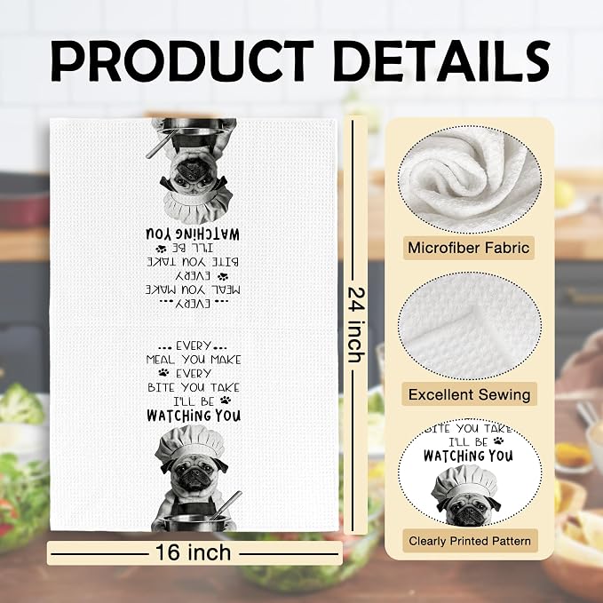 Funny Pug Dog Kitchen Towels 16x24 Inch Set of 2 | Pug Lovers Gifts for Women Men Dish Tea Towels for Kitchen, Dog Lover Mom Dad Owner Gifts Decorative Hand Towel