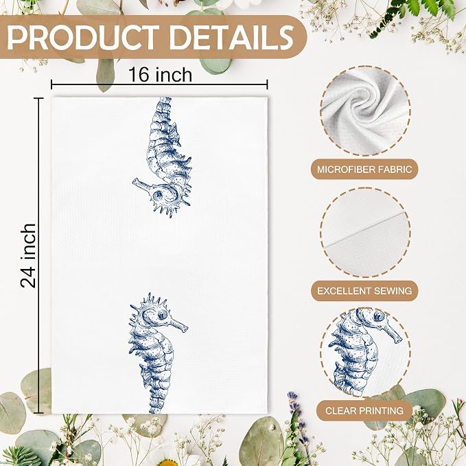 Coastal Seahorse Beach Decor Dish Hand Tea Towels for Bathroom Kitchen, Blue Seahorse Ocean Nautical Beachy Bathroom Decor, Coastal Nautical Kitchen Towels and Dishcloths Sets of 2, 16x24Inch