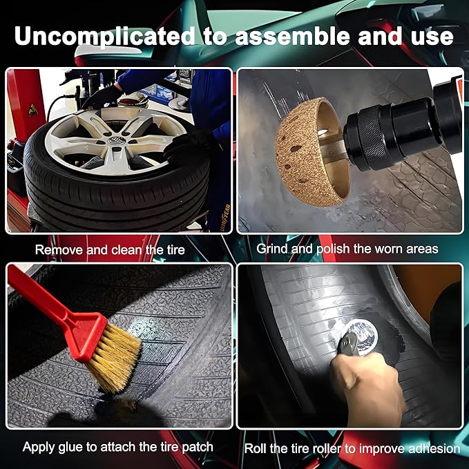 Upgrade Air Tire Repair Polish Patch Tools Heavy Duty, Includes 2650RPM Air Tire Buffer,Tire Inner Liner Scraper,40mm 55mm Patch Roller Tungsten Steel Buffing Wheel Tire Patch Tools kit