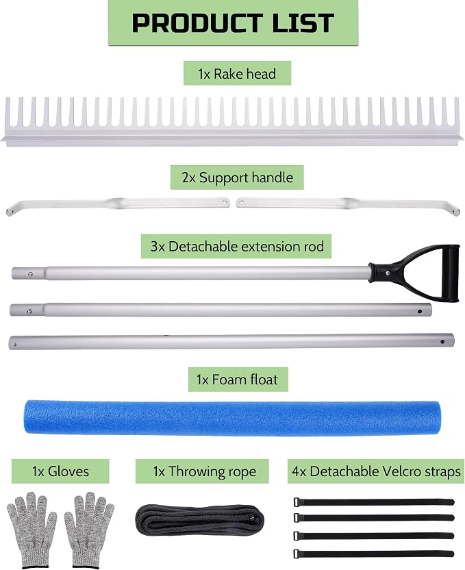 Pond Rake, 36" Floating Rake with 8.5ft (102in) Extension Handle & 20ft Rope, Aluminum Aquatic Weed Rake for Lake, Landscape Rake for Algae, Muck & Debris Removal, 2-in-1 Water & Land Tool Blue