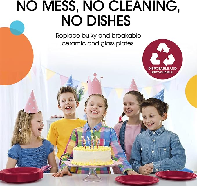 Exquisite Party Solids Burgundy Plates Disposable Burgundy Plastic Plates 100 Pieces - 50-7" & 50-9" Heavy Duty 350 GSM Disposable Dinnerware Sets, Plastic Dinnerware Sets