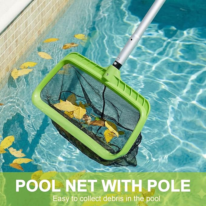 BoxedHome Swimming Pool Cleaning Kit with 10.5Ft Adjustable Aluminum Pole, 17.5" Rounded End Pool Brush Head & Deep Skimmer Net/Basket for Inground & Above Ground Pool