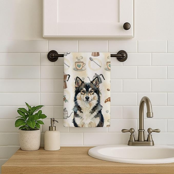 Caroline's Treasures Finnish Lapphund Coffee Bar Kitchen Towel Velour Plush Front and Cotton Loop Back Machine Washable