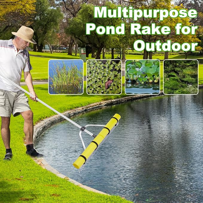 Pond Rake Aquatic Weed Rake,Detachable Float Lake Rakes,Aluminum Landscape Rake for Outdoor Pond with Extension Rope,Weed and Algae Removal,Upgraded Rakes Foam Fixing Velcro and carabiners