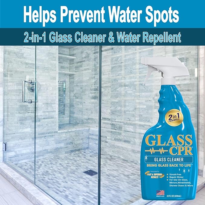 Glass CPR 2-in-1 Glass Cleaner and Water Repellent, 22 oz Spray plus 2 Microfiber Applicator Towels, Streak-Free for Shower Doors, Windshields, Mirrors, Hard Water Stain Formula, Made in USA