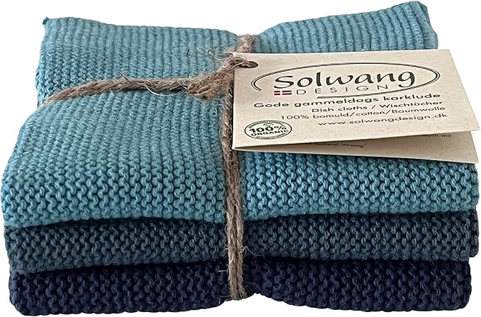 Solwang 3-Piece Danish Cotton Dishcloths in 100% Certified Organic Cotton Made in India (Blue Peacock Organic Combi)