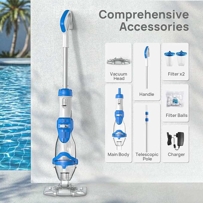 Consciot Pool Vacuum for Above Ground & Inground Pool, 22 GPM Suction Handheld Cleaner with 7.3FT Telescopic Pole, 2L Capacity, 60-Min Runtime, 2 Filters; Ideal for Spa, Hot Tub & Stairs