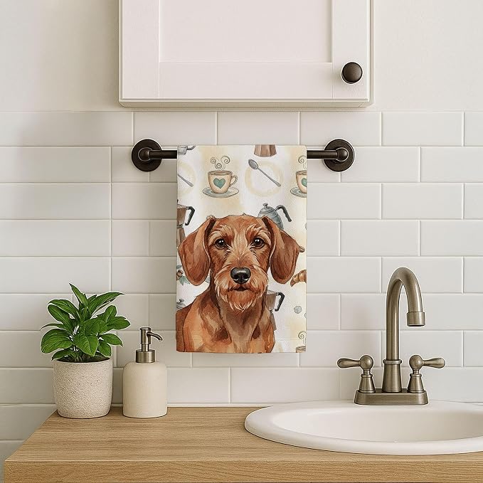 Caroline's Treasures Wirehaired Red Dachshund Coffee Bar Kitchen Towel Velour Plush Front and Cotton Loop Back Machine Washable