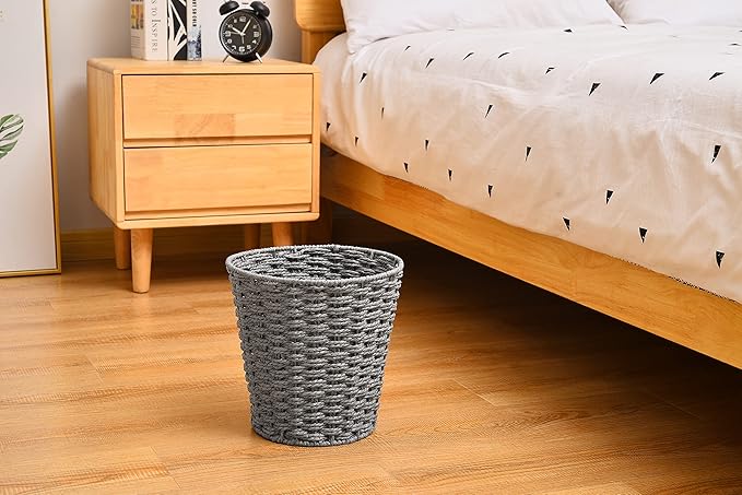 Zuvo Round Wicker Waste Basket Paper Bin - Wicker Trash Basket - Woven Trash Can Rubbish Basket for Bedroom, Bathroom, Offices or Home (Grey)