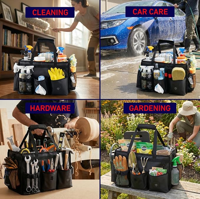 Nomad USA Wearable Cleaning Caddy Bag 100% Waterproof Cleaning Supplies Tote Bag w/Handle & Adjustable Shoulder Straps,Detachable Organizer for Kitchen,Housekeepers,Gardening,Hardware (Black)