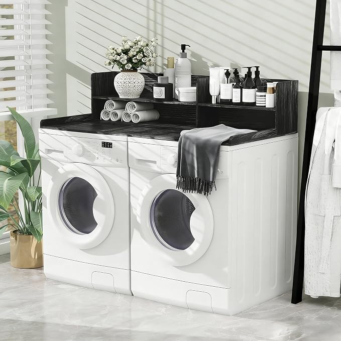 Wooden Washer Dryer Countertop Shelf, Laundry Countertop,54.7"X 28.3"Black | Washer And Dryer Countertop Adjustable Shelf,Washing Machine Topper 3-In-1 Folding Sorting & Ironing,Space Saving Laundry