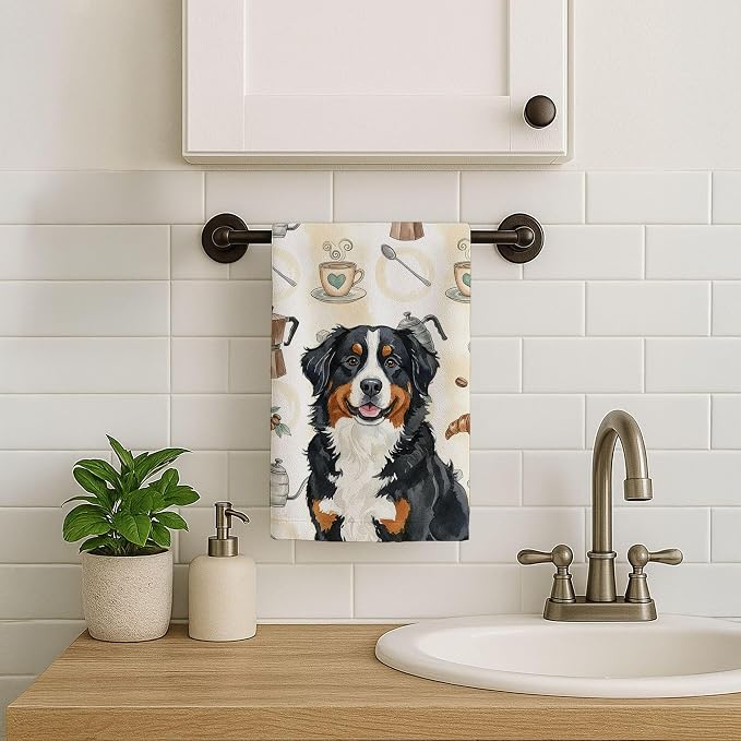 Caroline's Treasures Bernese Mountain Dog Coffee Bar Kitchen Towel Velour Plush Front and Cotton Loop Back Machine Washable