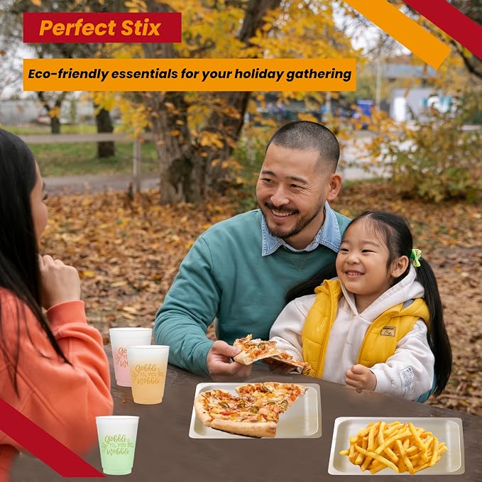 Perfect Stix Party Set includes 16oz Frost Flex Cups and 10" Wooden Plates with Gobble Till You Wobble Print - Pack of 50ct- (25ct each item)