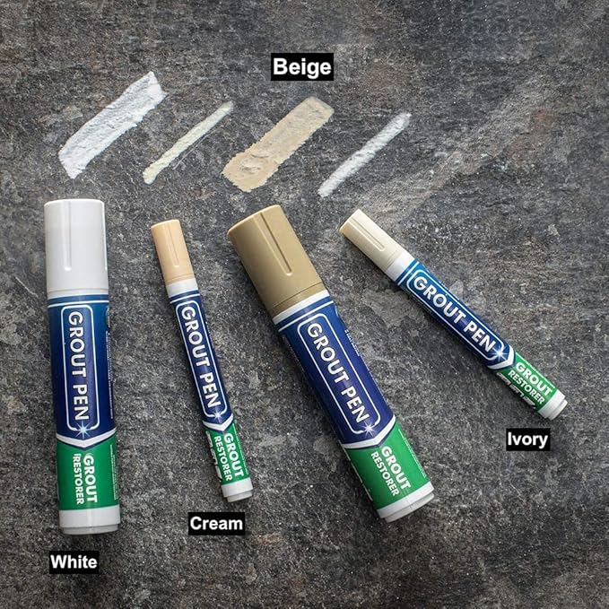 Grout Pen Tile Paint Marker: Waterproof Grout Colorant and Sealer Pen to Renew, Repair, and Refresh Tile Grout - Cleaner Coating Stain Pens - 2 Pack, 15mm Wide White and 15mm Wide Beige Tip