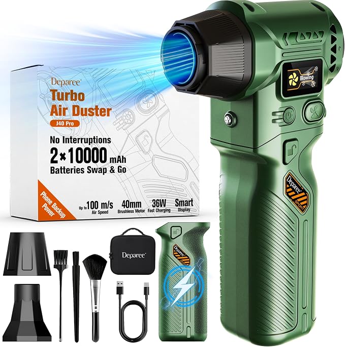 Compressed Air Duster with Swappable Batteries, High-Performance Cordless Air Blower for PC, Car & Home Cleaning, Rechargeable Electric Duster with Adjustable Airflow & Display (Green)