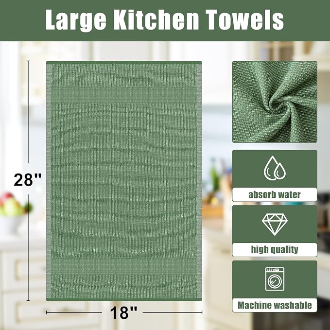 Homaxy Premium Kitchen Towels(18”x 28”, 3 Pack), Large Cotton Kitchen Hand Towels, Flat and Terry Dish Towels, 380 GSM Highly Absorbent Tea Towel Set with Hanging Loop, Grass Green
