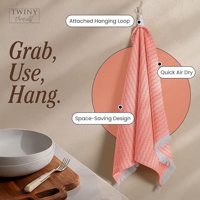 TWINY threads Kitchen Dish Towel Chevron Design, Premium Large 100% Cotton Kitchen Linen Set, Dish Rags for Drying Dishes, Absorbent Quick Drying Wash Rags, Pack of 12, 16 x 26 Inch, Orange