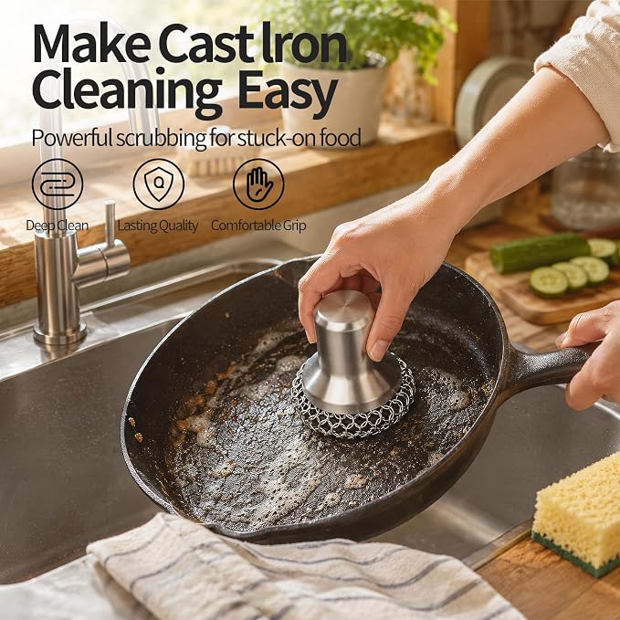 Cast Iron Scrubber and Scraper, 316 Chain Mail Scrubber for Cleaning Dishes, Stock Pots, Black, 1 Count ((Large Chain Mail))