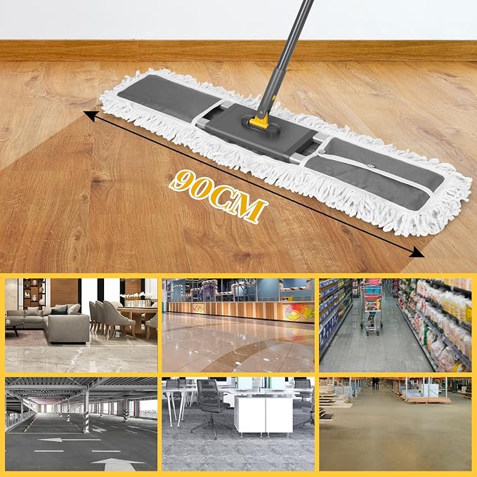 Masthome 24" Push Broom with Stiff Bristles,& 32'' Commercial Dust Mop, 60'' Adjustable Flat Mop with Long Handle, 1 Cotton & 2 Microfiber Mop Pads