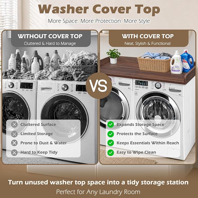 Royxen Washer Dryer Countertop with Solid Wood Core,54“W x 27.5D Laundry Countertop with Edge Rails,Washer and Dryer Topper for Laundry Room Organization(Walnut)