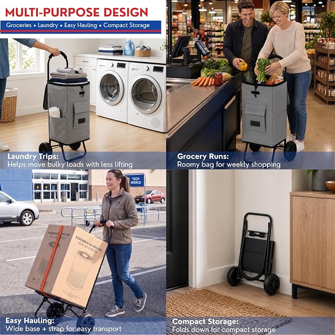 Shopping Cart, Super Loading Grocery Trolley, 220 lbs Capacity, Foldable Cart with Extra Large 55L Shopping Bag Portable Grocery Utility Cart with Adjustable Bungee Cord (Gray)