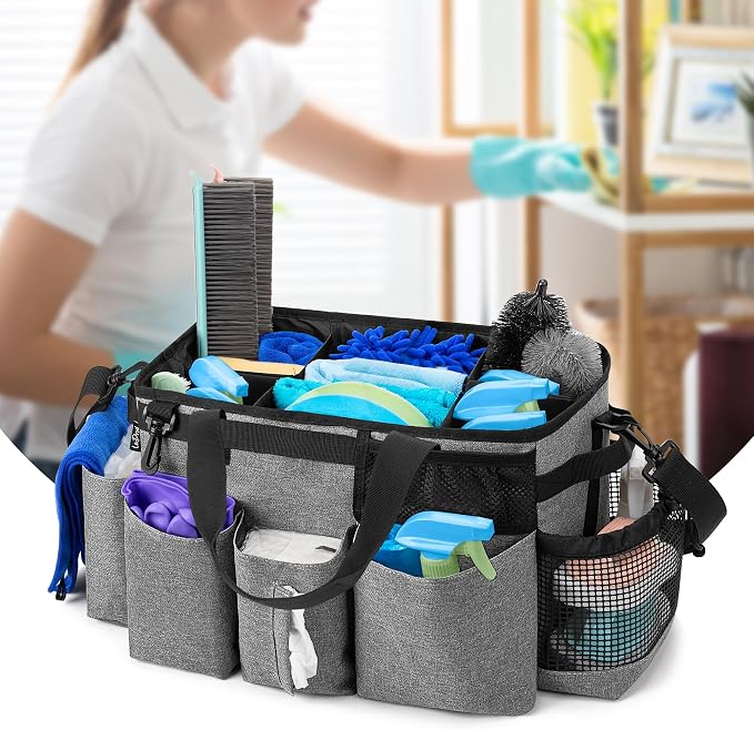 LoDrid Wearable Cleaning Caddy Bag with 4 Foldable Dividers, Cleaning Supply Organizer with Shoulder Strap and Side Handles for Cleaners & Housekeepers, Grey