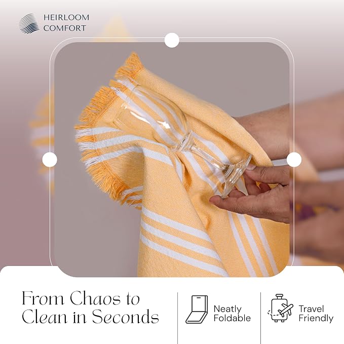 12 Pack Monochrome Stripe Dish Towels with Fringes, 16x26 Inch, 100% Cotton, Ultra Absorbent & Reusable, Quick Drying Kitchen Towels for Cleaning, Cooking, Drying, Mustard Yellow
