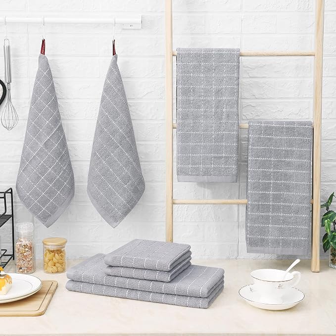 Homaxy Kitchen Towels and Dishcloths Set, 12 x 12 and 13 x 28 Inches, Set of 10 Bulk Cotton Terry Kitchen Towels Set, Checkered Designed, Soft and Super Absorbent Dish Towels, Light Grey