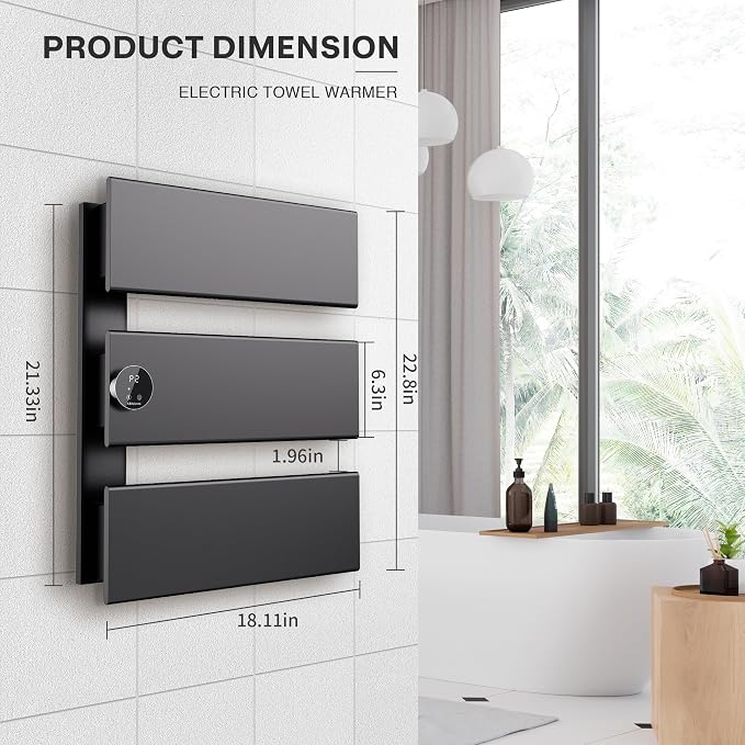K&KALONZO Electric Towel Warmer, 18.35" W x 22.8" H Wall-Mounted Towel Heater with Built-in Timer, Waterproof Aluminum Towel Warmer for Bathroom, Support Plug-in and Hardwired, Black, K3-L-B