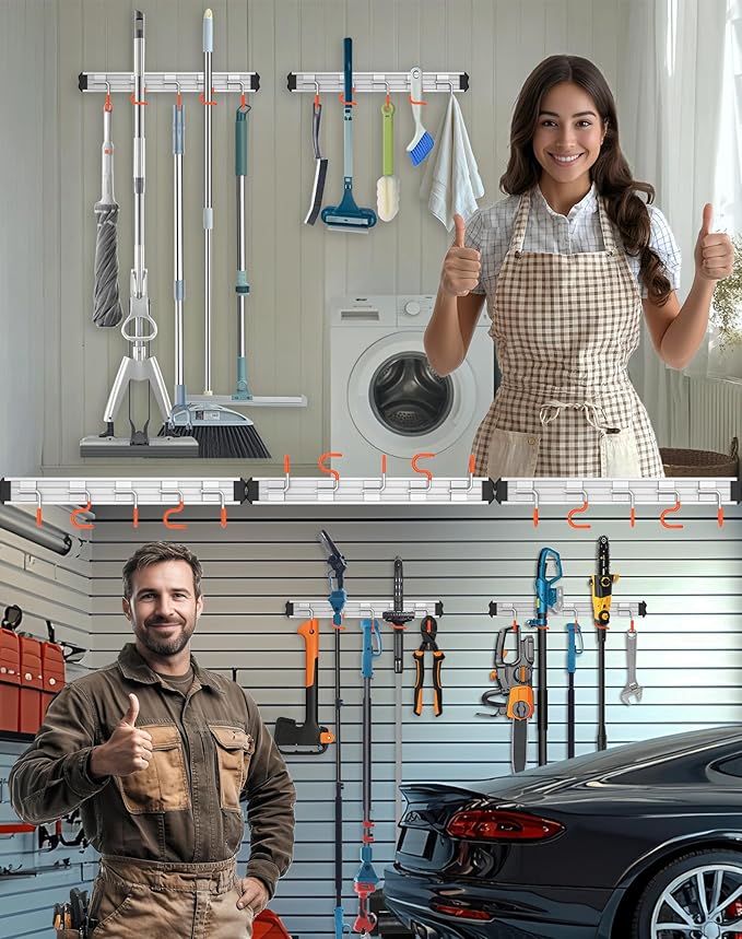 Mop and Broom Holder Wall Mount Garden Tool Rack Organizer, Modern Style,Movable Aluminum Alloy Wall Mounted Hook 3 Pack,Storage Gift for Bathroom,Closet,Laundry Room,Garage,Tool Room(Orange)