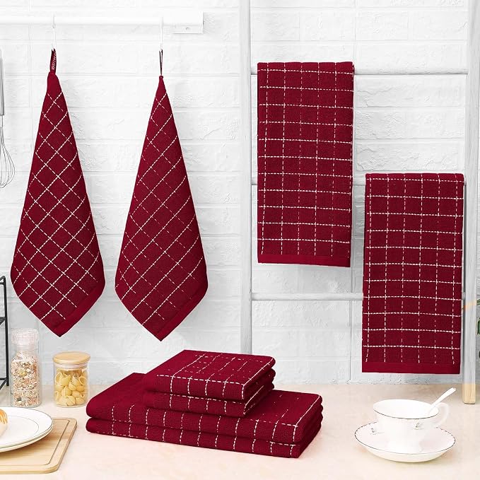 Homaxy Kitchen Towels and Dishcloths Set, 12 x 12 and 13 x 28 Inches, Set of 10 Bulk Cotton Terry Kitchen Towels Set, Checkered Designed, Soft and Super Absorbent Dish Towels, Brick Red