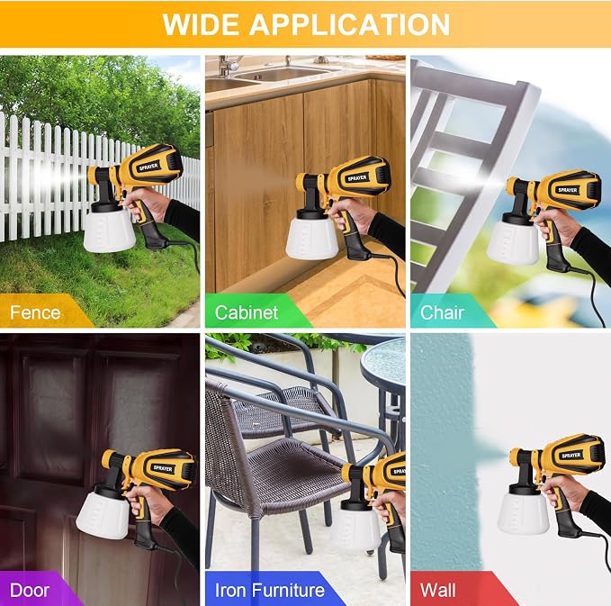 VONFORN Paint Sprayer, 700W HVLP Spray Gun with Cleaning & Blowing Joints, 4 Nozzles and 3 Patterns, Easy to Clean, for Furniture, Cabinets, Fence, Walls, Door, Garden Chairs etc. VF803 Yellow