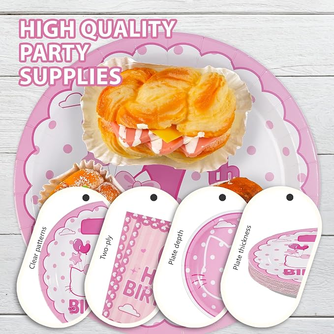 96Pcs Pink Kitten 7th Birthday Party Decorations Pink Cat Dot Plates and Napkins Tableware Set Cartoon Cat Theme 7th Birthday Decorations for Seven Years Old Girls Party Supplies Serves 24