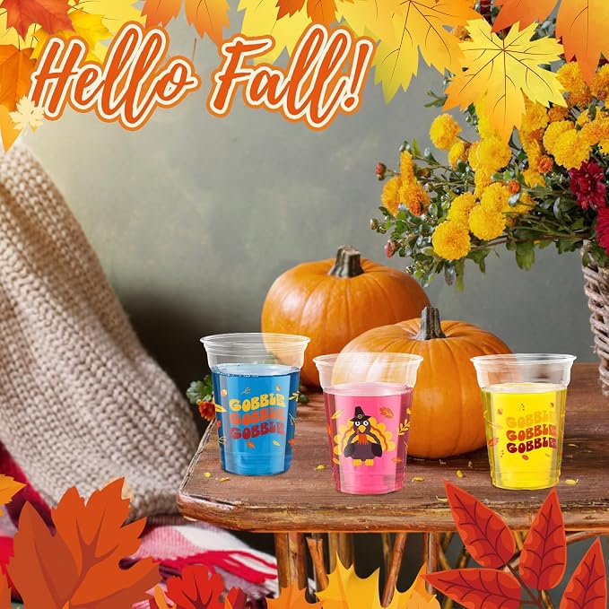 Meanplan 100 Pcs Thanksgiving Plastic Cups Bulk 12oz Fall Disposable Cups Autumn Pumpkin Leaf Turkey Clear Drinkware Tumblers Coffee Juice Wine Glasses Harvest Wedding Party Supplies(Turkey)