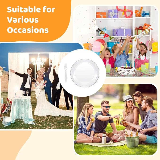 OMISTAR 400 set 9inch Clear Plastic Dessert Plates and Forks, Include 200 Disposable Appetizer Plates with 200Plastic Forks, Round Dinner Plate for Wedding BBQ Picnic Camping Events Party Supplies