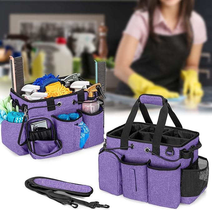LoDrid Large Professional Cleaning Caddy with Detachable Divider, Supply Organizer with Handle and Shoulder Strap, Cleaning Bags for Housekeepers & Cleaners, Purple