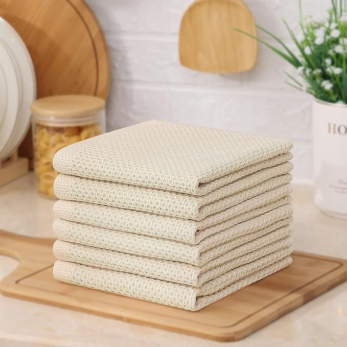 Kitinjoy 100% Cotton Kitchen Dish Cloths (12 X 12 Inches, Beige), 8 Pack Waffle Weave Ultra Soft Absorbent Dish Towels for Drying Dishes Quick Drying Kitchen Towels Dish Rags