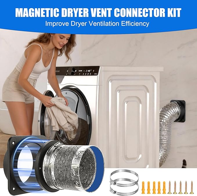 Magnetic Dryer Vent Coupling, Magnetic Dryer Vent Connector Kit, Strong Magnet Dryer Vent Quick Connect Disconnect Easy to Clean Airtight Seal 4" Exhaust Vent Hose Magnet Self-Alignment