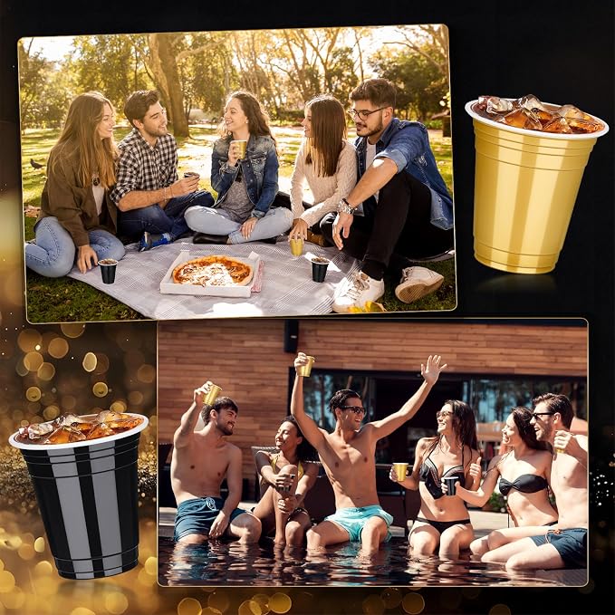 tchrules 100PCS 12oz Plastic Cups for Party, Disposable Black and Gold Graduation Cups Bulk, Black & Gold Plastic Drinking Cup for Halloween Christmas Wedding Birthday Picnic Holiday Party Supplies