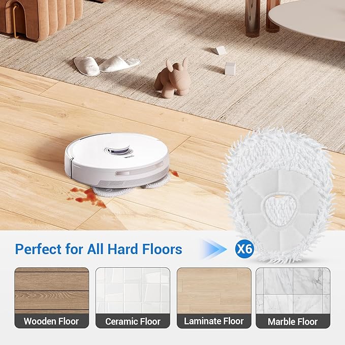 6 Pcs Freo Mop Pads Compatible with for Narwal Freo, Freo Pro, Freo X Ultra, Z Ultra, Freo Z 10, Freo X10 Pro Robot Vacuum Cleaner, Washable and Reusable Mop Pads White