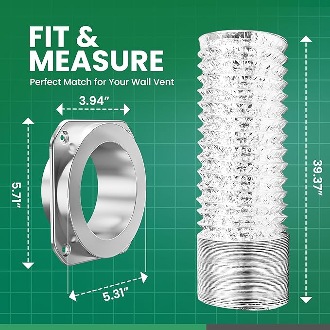Magnetic Dryer Vent Connector Kit DV180, 4 Inch Dryer Vent Hose with Magnetic Coupling & Aluminum Duct, Leak-Resistant, Heat-Resistant, Flexible, Easy to Install and Clean, for Most Dryer