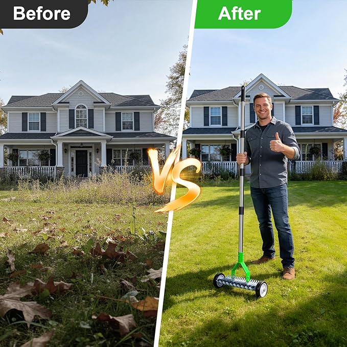 Thatch Rake, Adjustable Garden Rake Head and 38"–65" Handle with Wheels, 21 & 11 Dual-Sided Steel Tines, Heavy-Duty Lawn Dethatching Rake for Grass, Soil Loosening,Landscape and Lawn Care(Green)