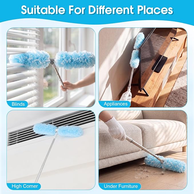 6 ft Extendable Duster Handle with 40 Refills and 1 Pair of Gloves Compatible with Swiffer Duster 360° Heavy Duty Microfiber Dusters Kit for Cleaning High Ceilings and Fans, Vents(Blue)