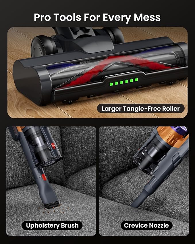 Cordless Vacuum Cleaner for Home, Upgraded 60Kpa Powerful Suction Pet Hair Vacuum with 70min Runtime, Green LED Light for Hardwood Floors & Carpet, Self-Standing Rechargeable Stick Vacuum, Golden