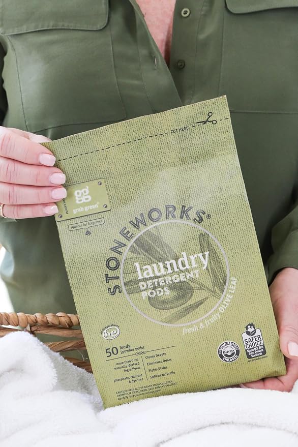 Grab Green Stoneworks Laundry Detergent Pods, 100 Count, Olive Leaf | EPA Safer Choice; Plant & Mineral-Based; Fights stains; Eliminates odors; Softens naturally; No Harsh Chemicals