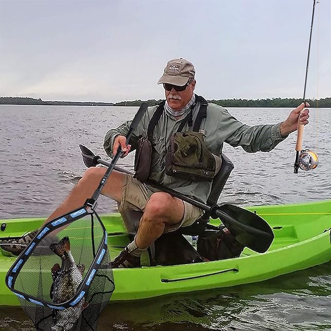 PLUSINNO Floating Fishing Net for Steelhead, Salmon, Fly, Kayak, Catfish, Bass, Trout Fishing, Rubber Coated Foldable Landing Net with Fixed or Telescoping Pole Handle, Fishing Gear and Gifts for Men