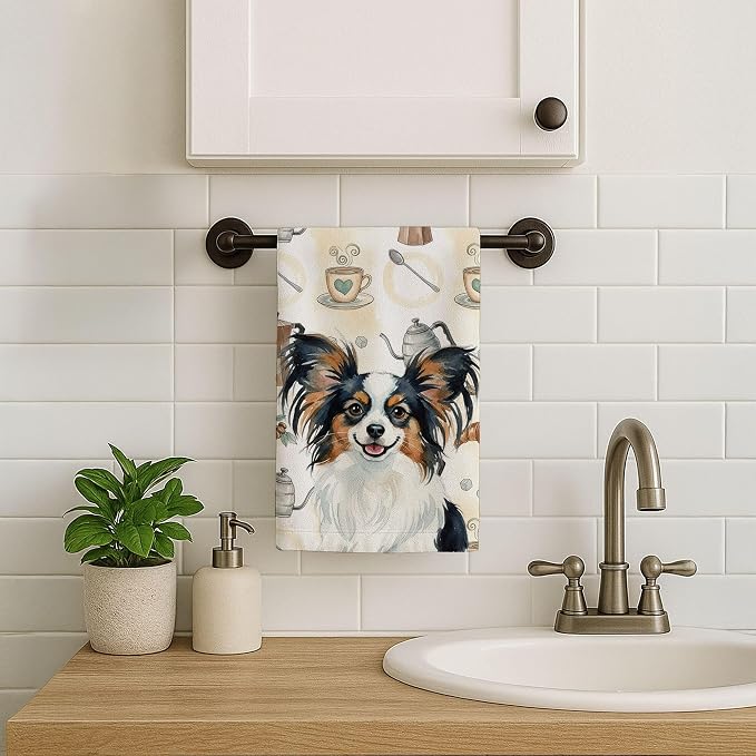 Caroline's Treasures Tricoilor Papillon Coffee Bar Kitchen Towel Velour Plush Front and Cotton Loop Back Machine Washable