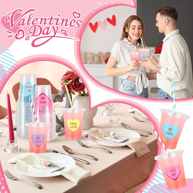 FYSUIMU 100Pcs Valentine's Day Plastic Cups with Lids and Straws 12oz Conversation Heart Disposable Candy Conversation Heart Cold Beverage Drinking Cup for Valentines Wedding Birthday Party Supplies
