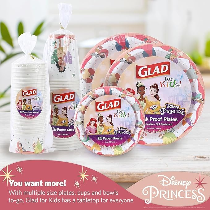Glad for Kids Disney Princess Disposable Paper Plates, Magic is in All of Us - Heavy Duty, Soak Proof, Microwavable, Kid-Friendly Snack Plates for Everyday Use, 8.5 Inch, 24 Count - 10 Pack